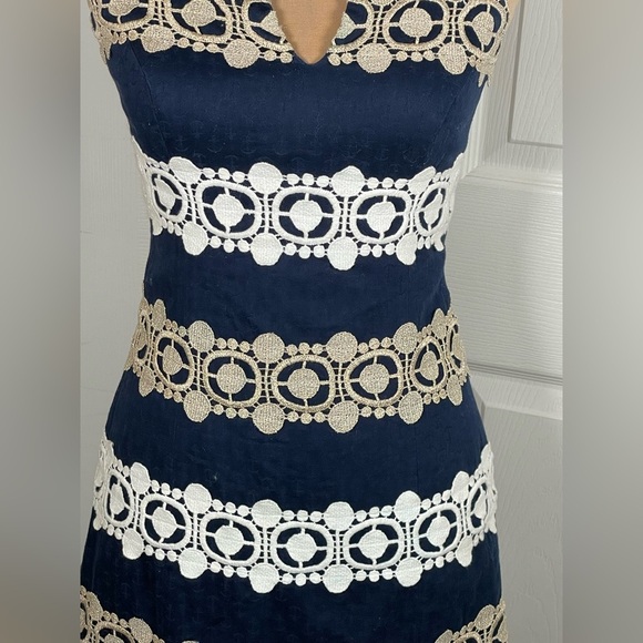 Lilly Pulitzer Navy White Gold Augusta Shift Blue with Lace Trim Cocktail Dress - Picture 11 of 14